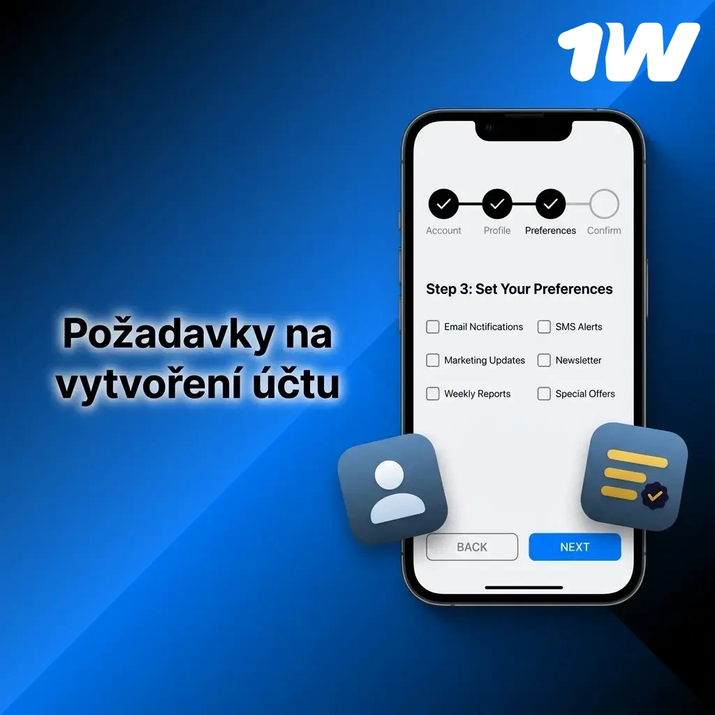 Požadavky na vytvoření účtu na platformě 1w: věk 18+, jeden účet, pravdivé údaje a platný kontakt.