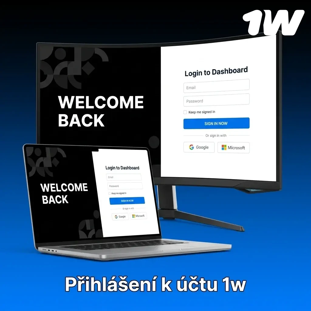 Přihlašovací formulář účtu 1w s kroky pro zadání e-mailu, hesla a dvoufaktorového ověření